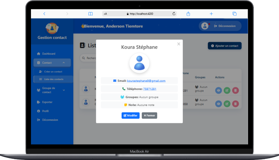 Interface de gestion des contacts